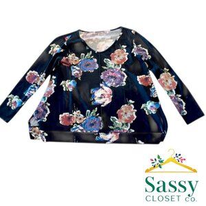 Soft Surroundings Black Floral V‑Neck Blouse Relaxed Fit Long Sleeve XS Made USA
